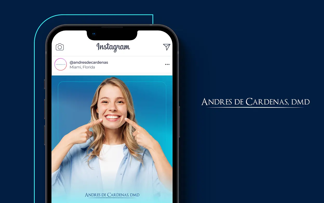 Smiling woman pointing to her teeth on a smartphone display with a sleek blue background.