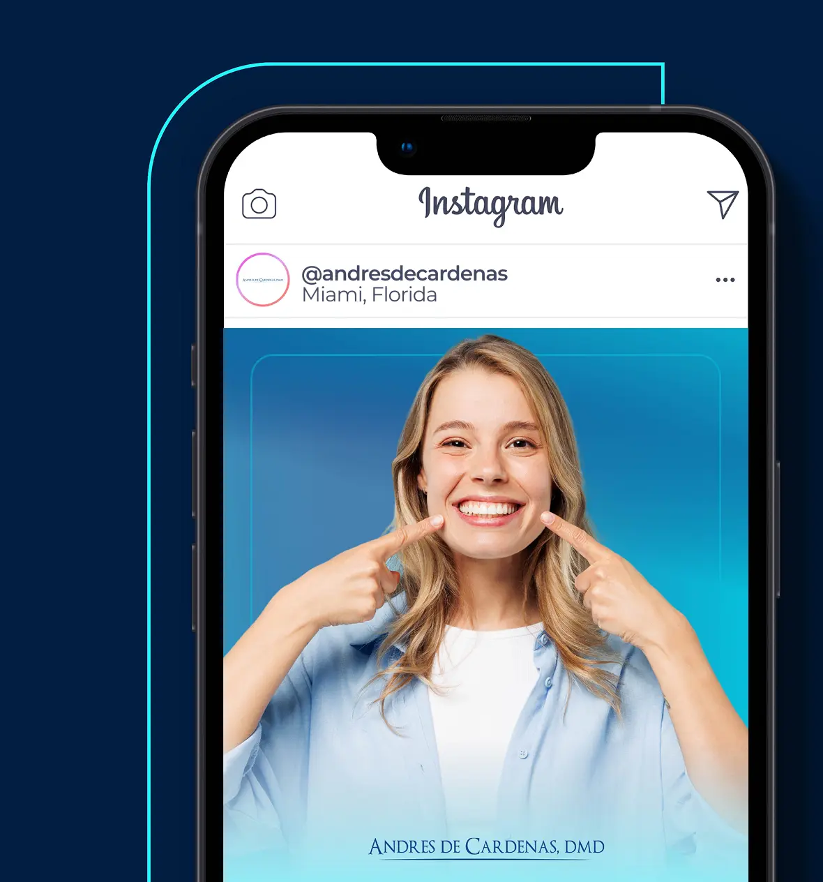 Smiling woman in Instagram post on smartphone screen with blue background.