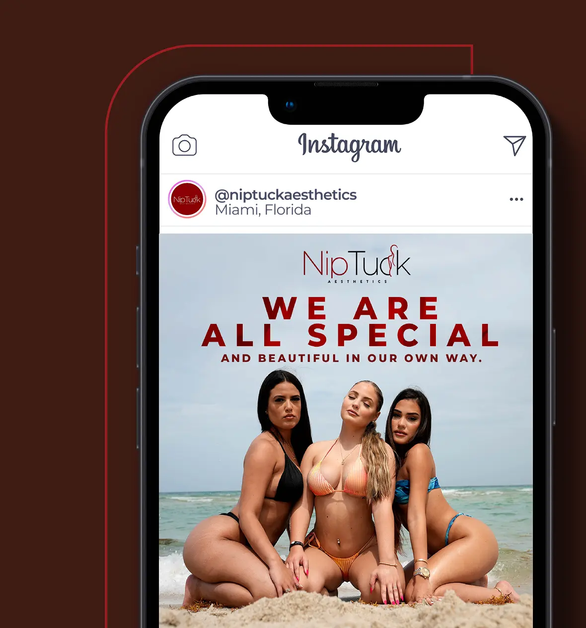 Three women in swimsuits posing confidently on a beach with motivational text about beauty.