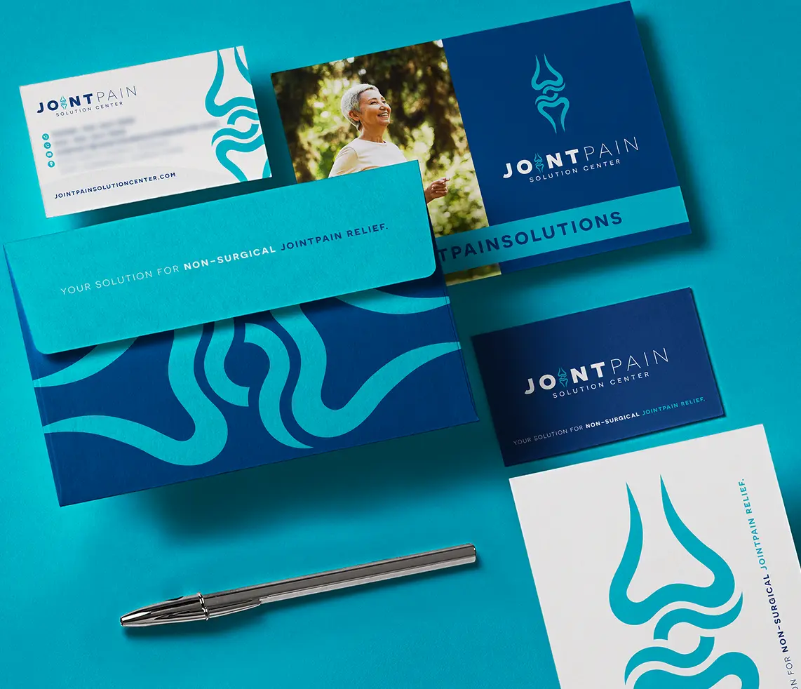 Branding materials for a joint pain relief clinic, showcasing business cards, brochures, and a stylized logo in blue hues.