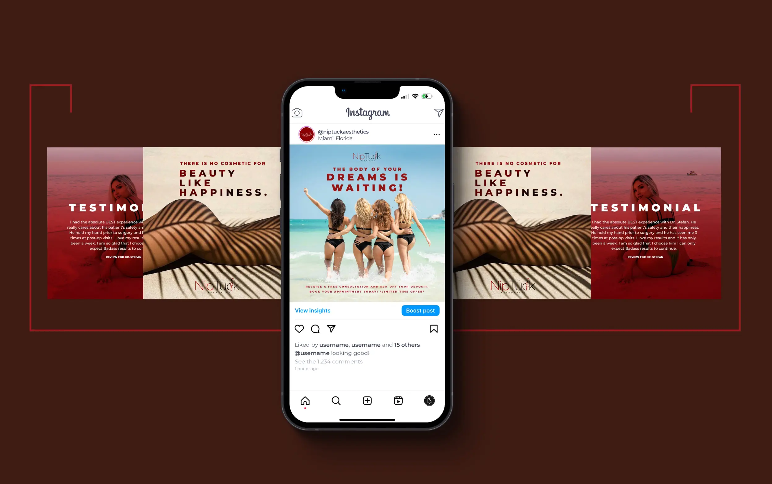 Smartphone displaying social media surrounded by a tropical beach and testimonial images.