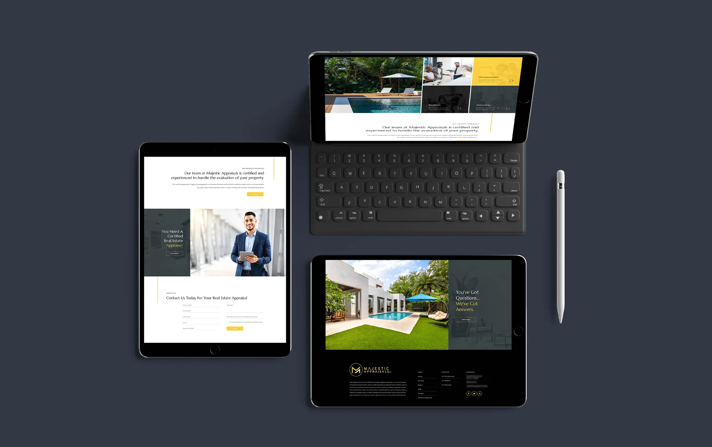 Three tablets showcasing a modern website design with vibrant visuals and sleek layout.