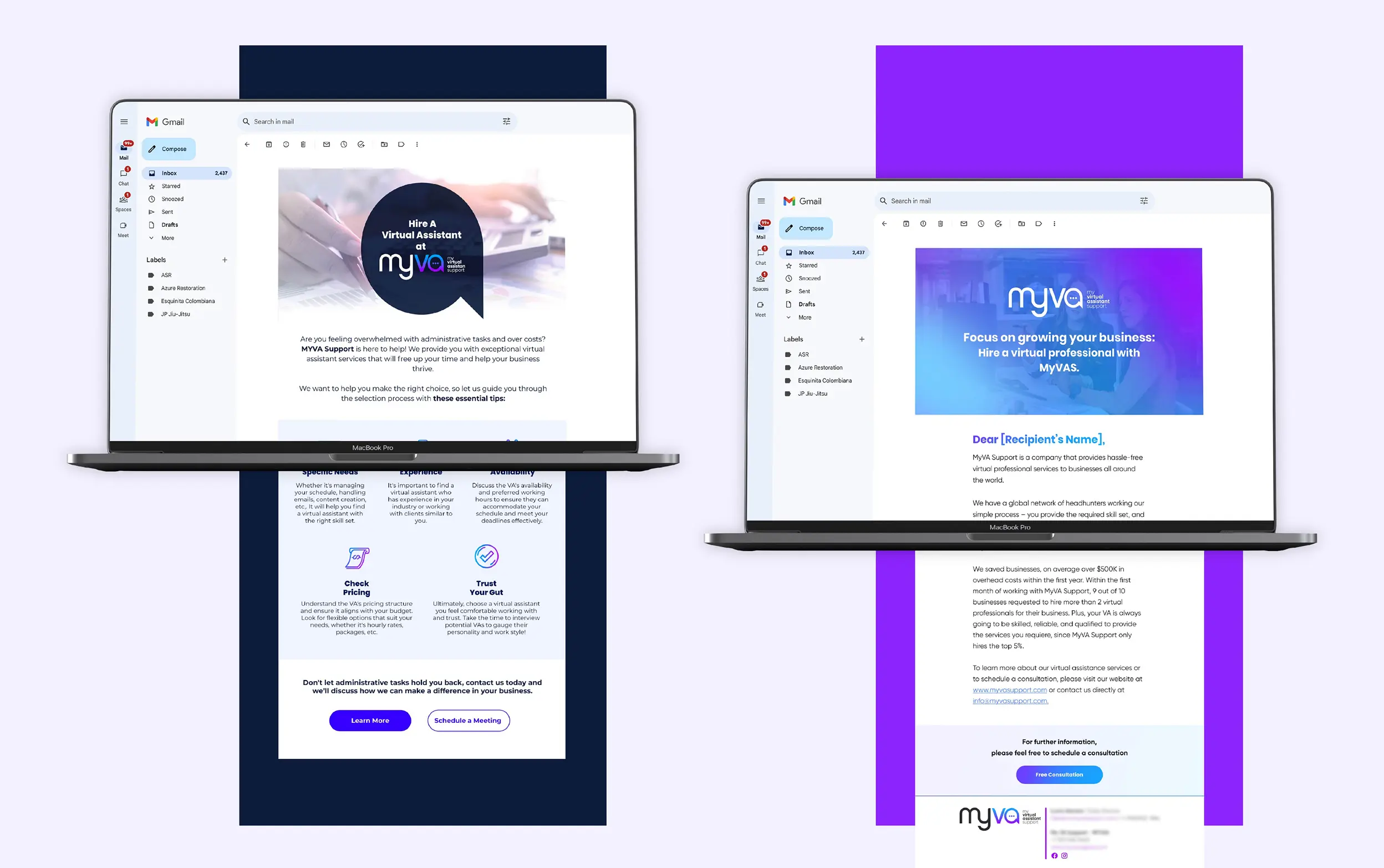 Two laptops displaying modern website interfaces with vibrant blue and purple accents.