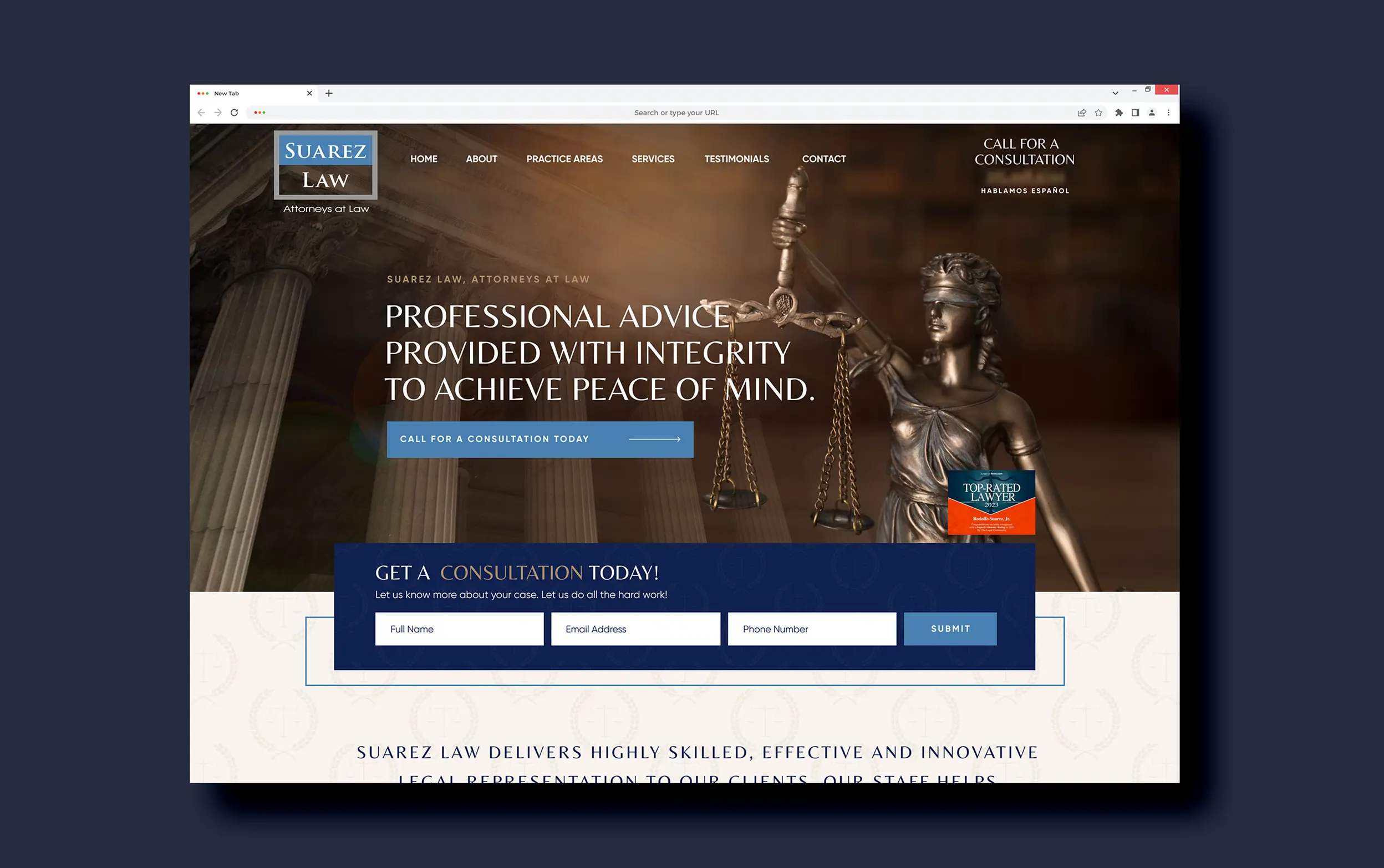 Law firm website homepage featuring a statue of Lady Justice in dim lighting.