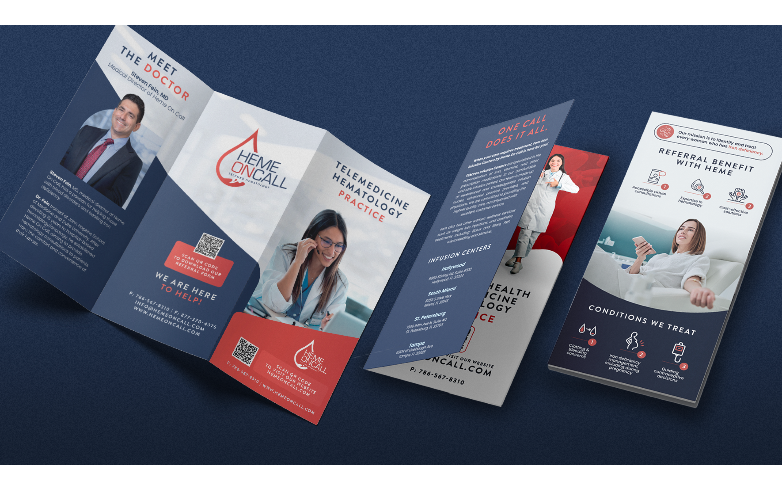 Medical brochures displayed on a blue surface highlighting healthcare services and doctor profiles.