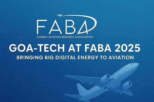 Goa-Tech featured at FABA 2025 showcasing digital innovation in aviation with a flying aircraft.