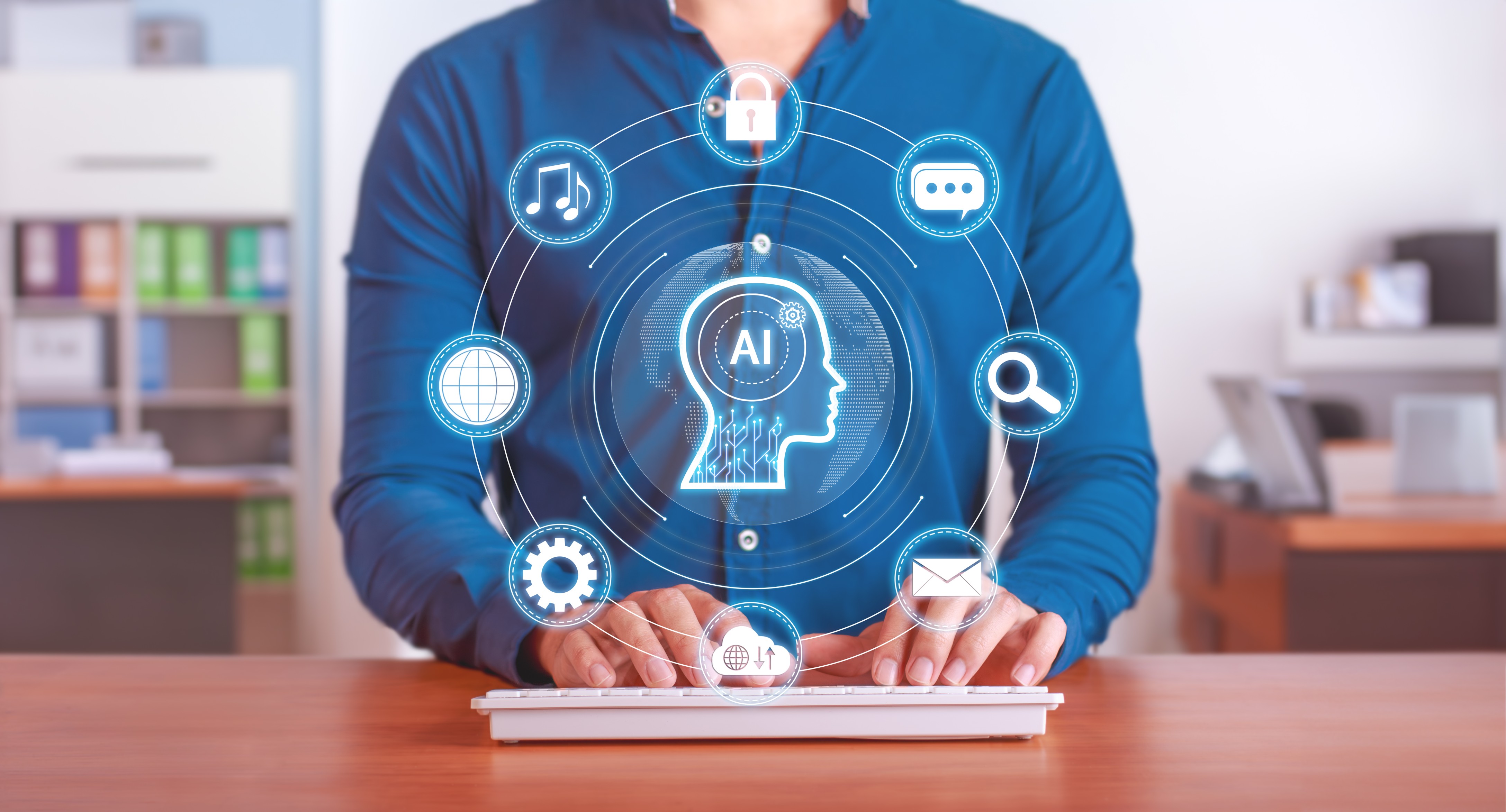 Person typing on a keyboard with virtual AI interface icons in a modern office.
