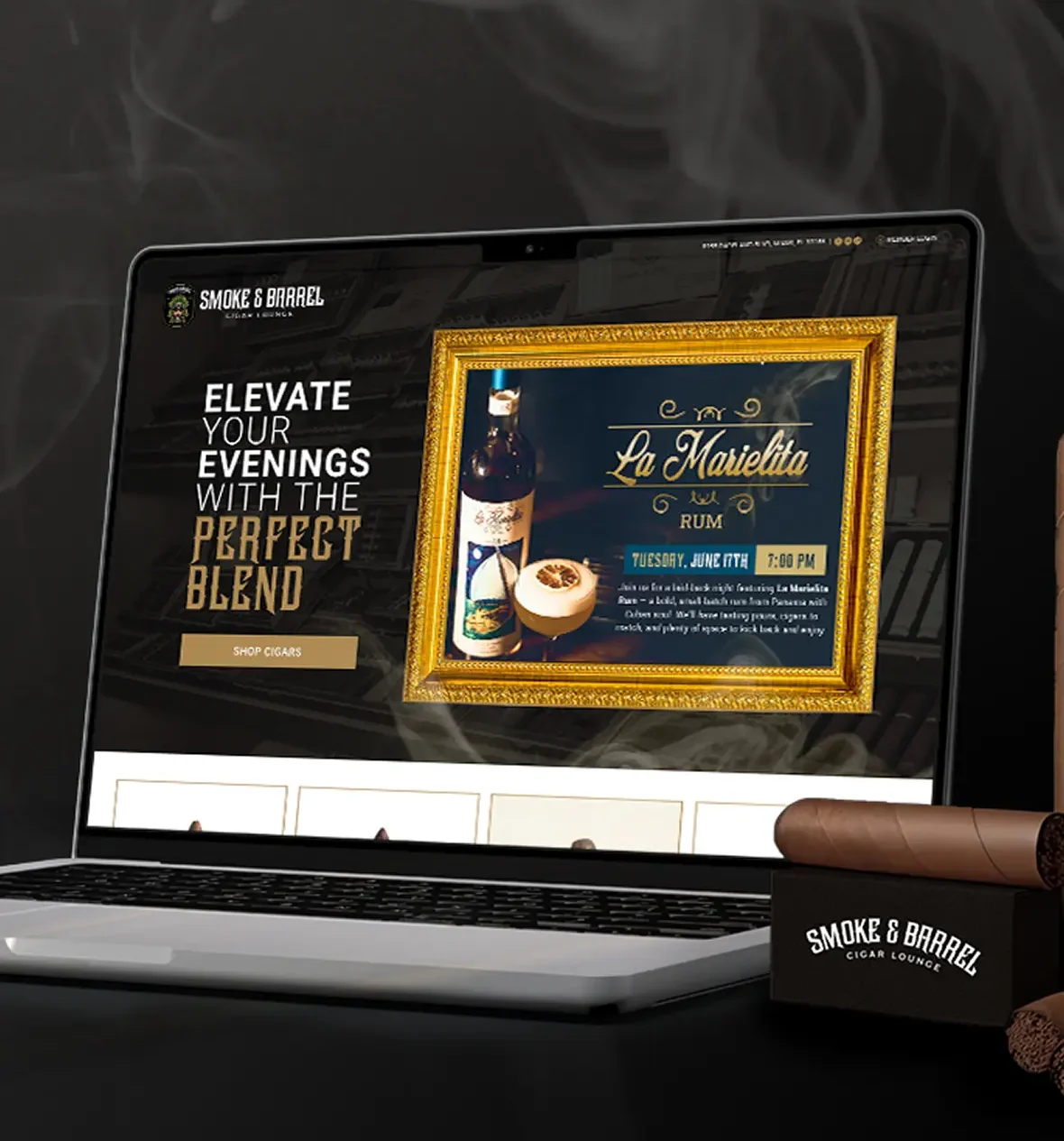 Laptop displaying Smoke & Barrel event poster with cigar and drink theme.