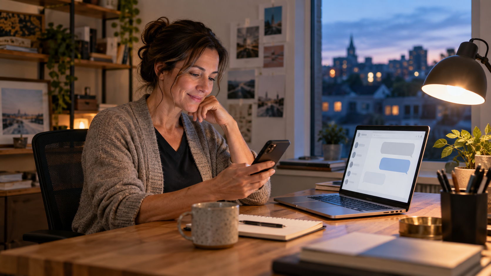 Small business owner reviewing an AI chatbot after hours