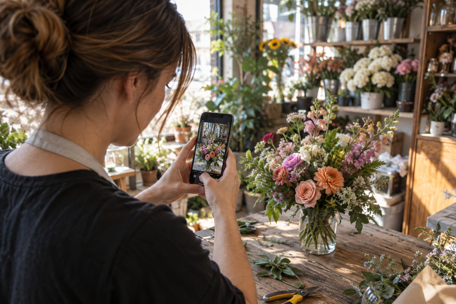 Florist photographing a flower arrangement with a smartphone