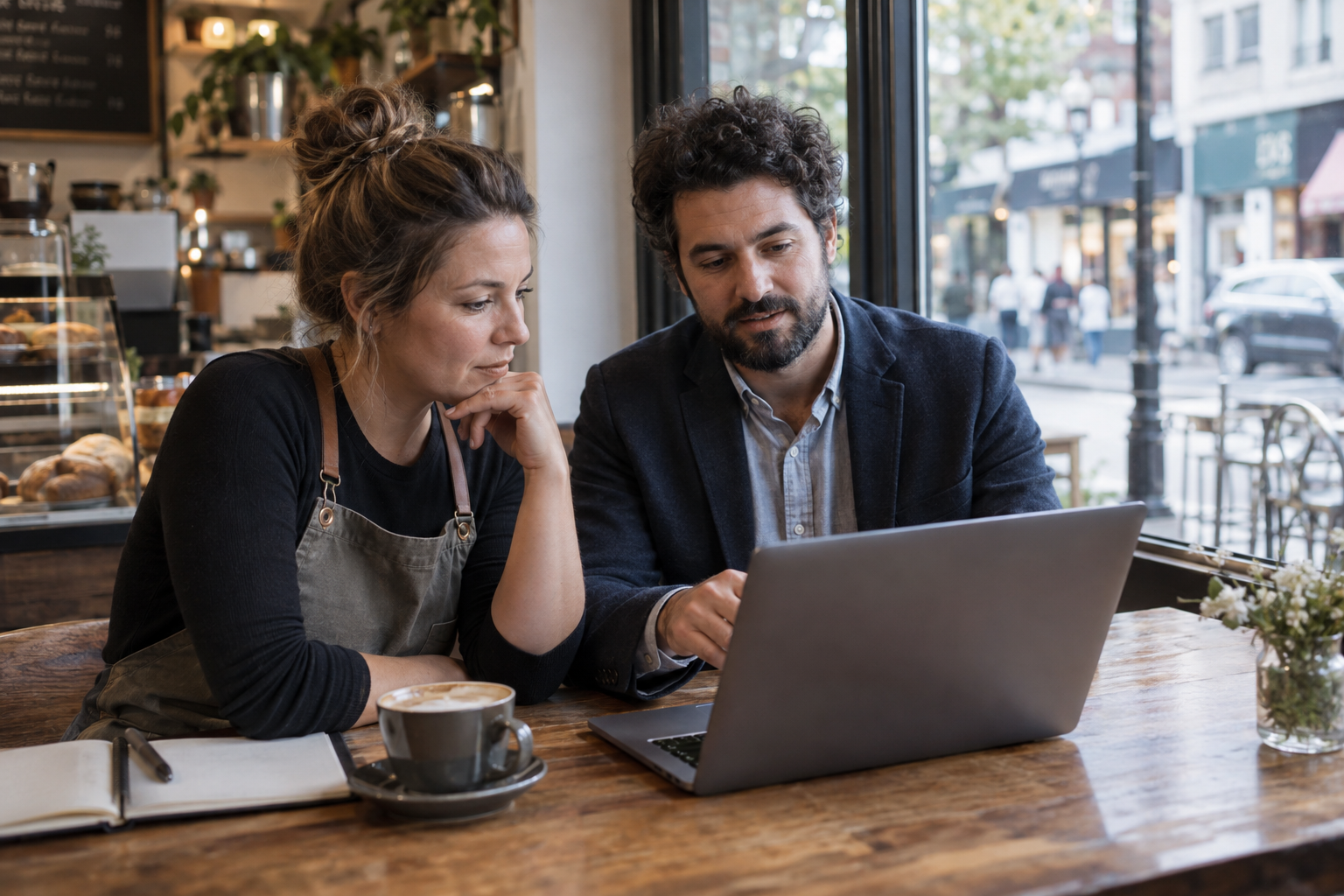 Cafe owner and consultant reviewing a laptop beside a window