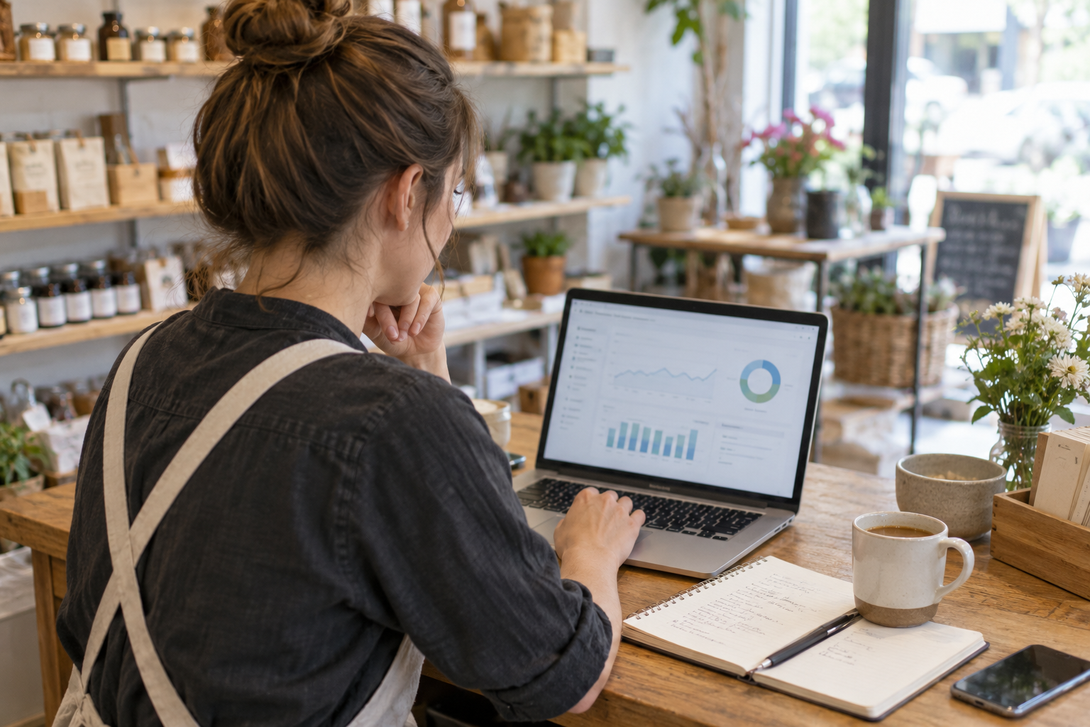 Shop owner reviewing website analytics on a laptop at the counter