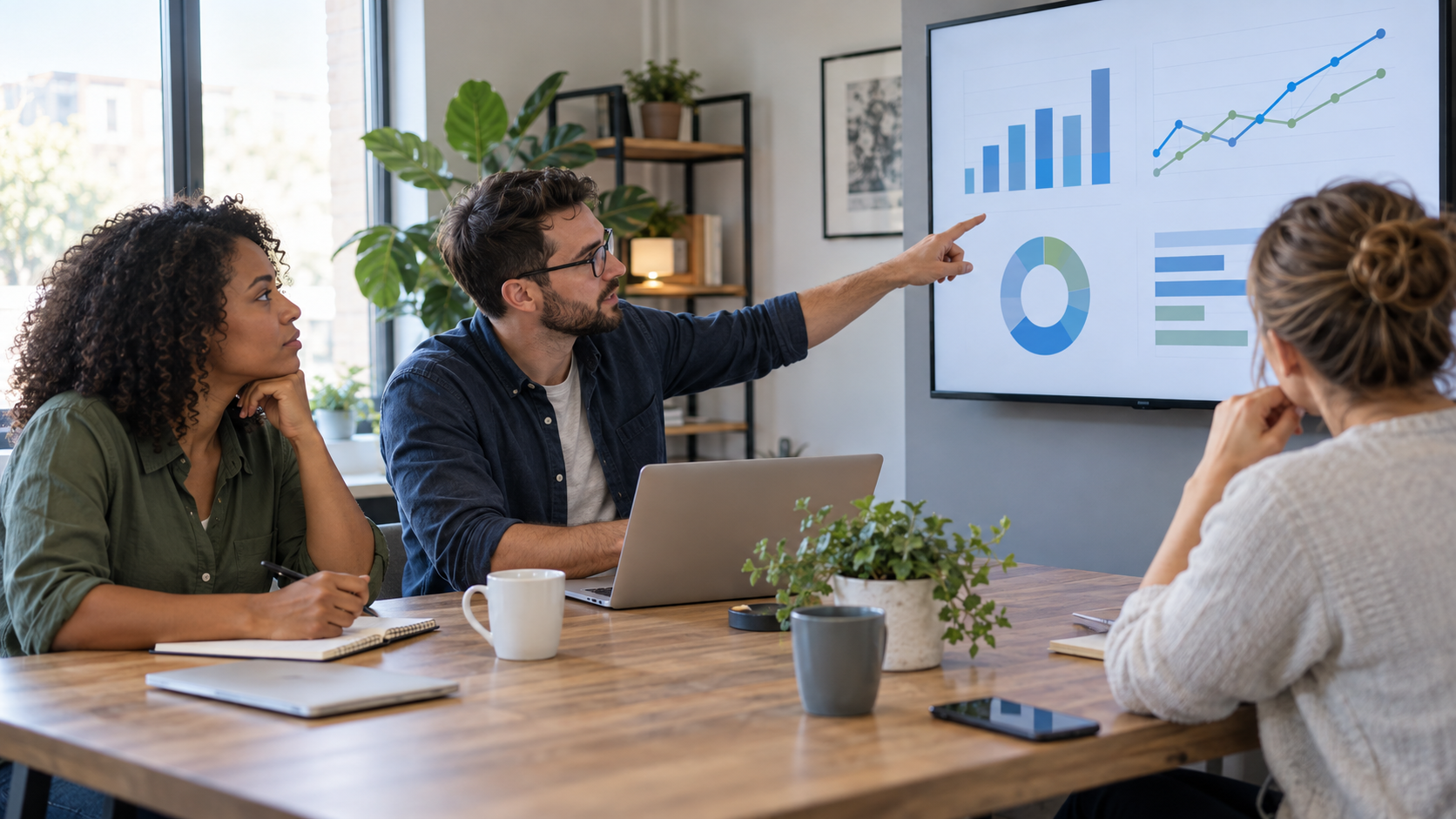 Business team reviewing AI chatbot support and search analytics