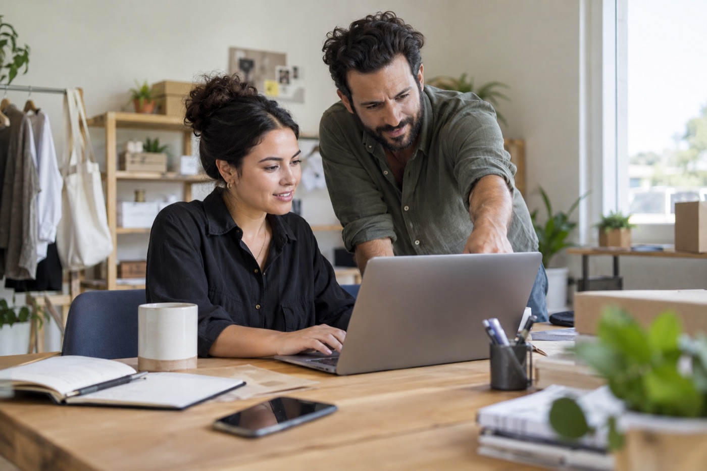 Two coworkers collaborating on a laptop in a small business office
