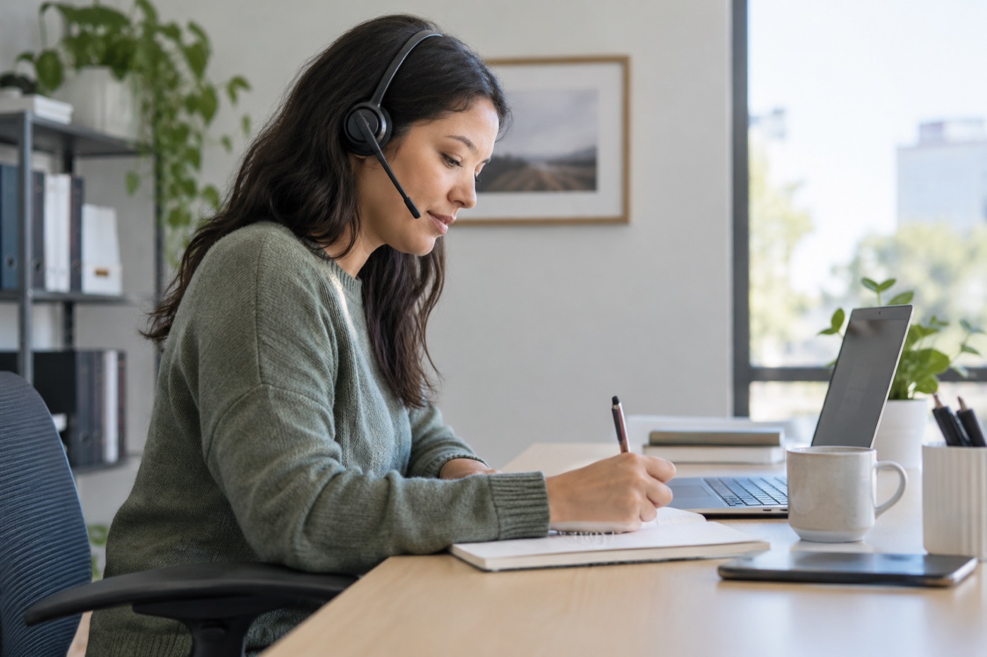 Sales coordinator wearing a headset and taking notes beside a laptop