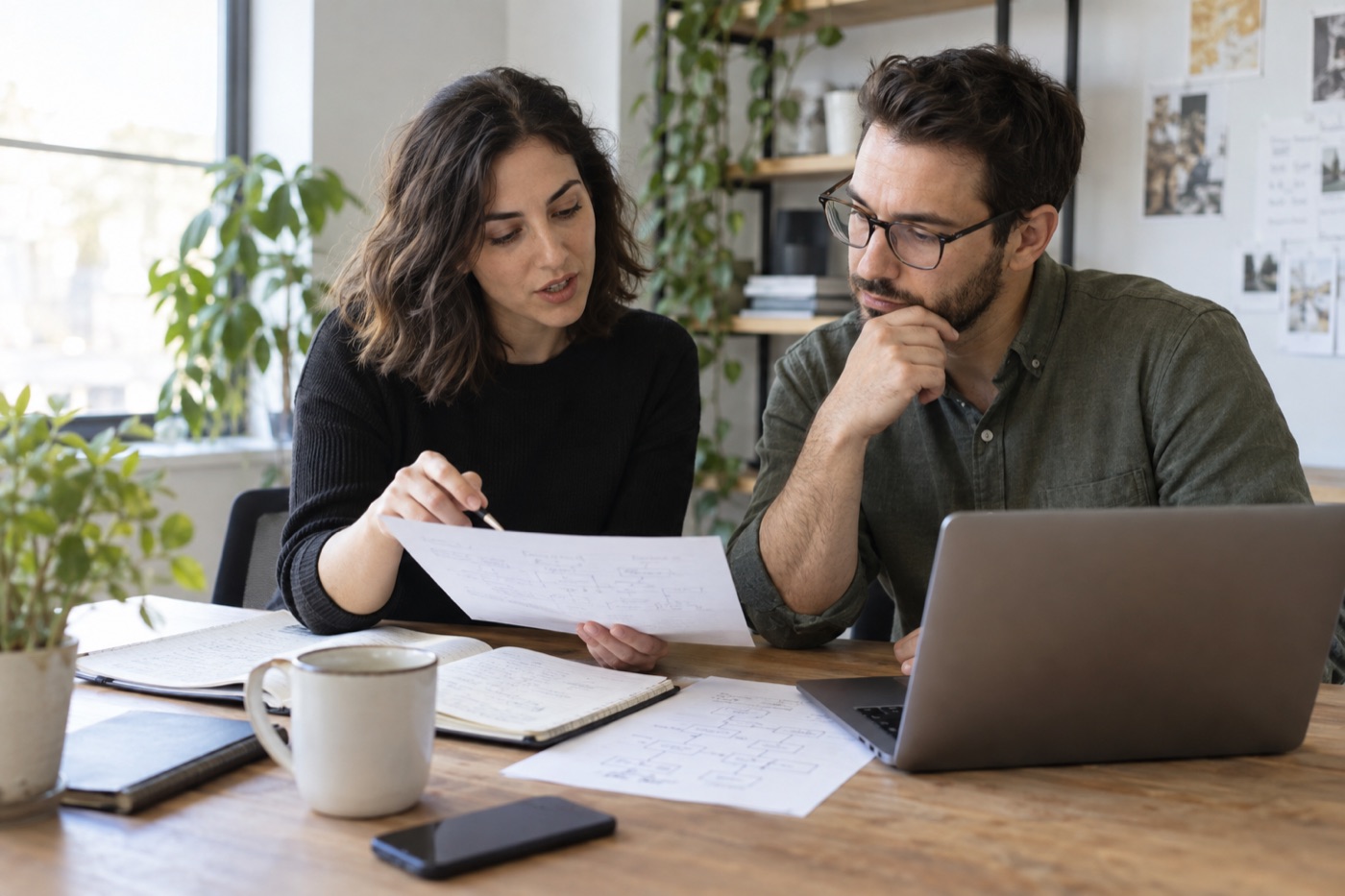 Two coworkers reviewing workflow notes beside a laptop
