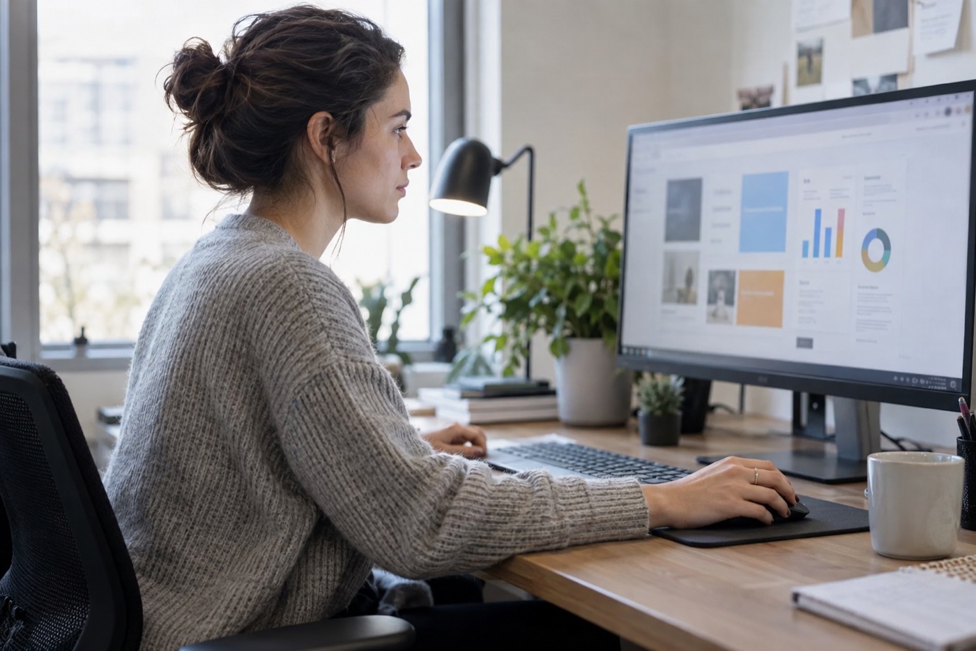 Website specialist reviewing pages and charts on a desktop monitor
