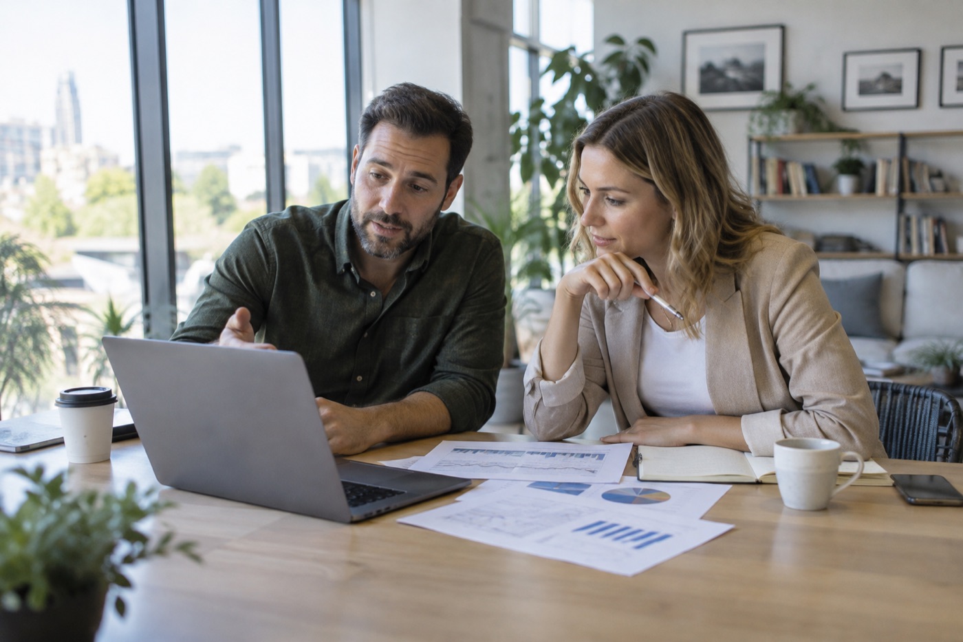 Two colleagues reviewing a laptop and printed business charts