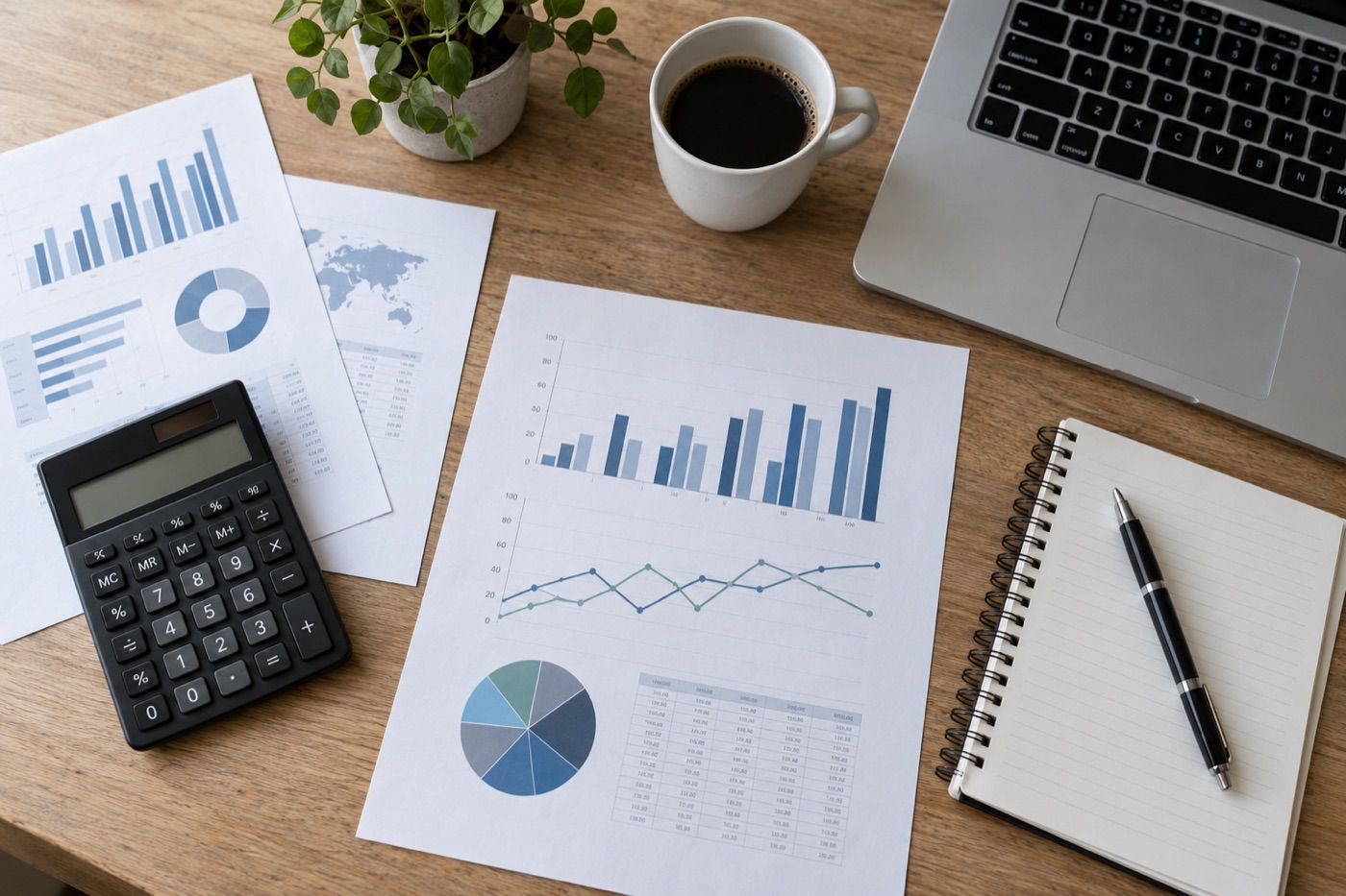Printed charts, calculator and notebook beside a laptop