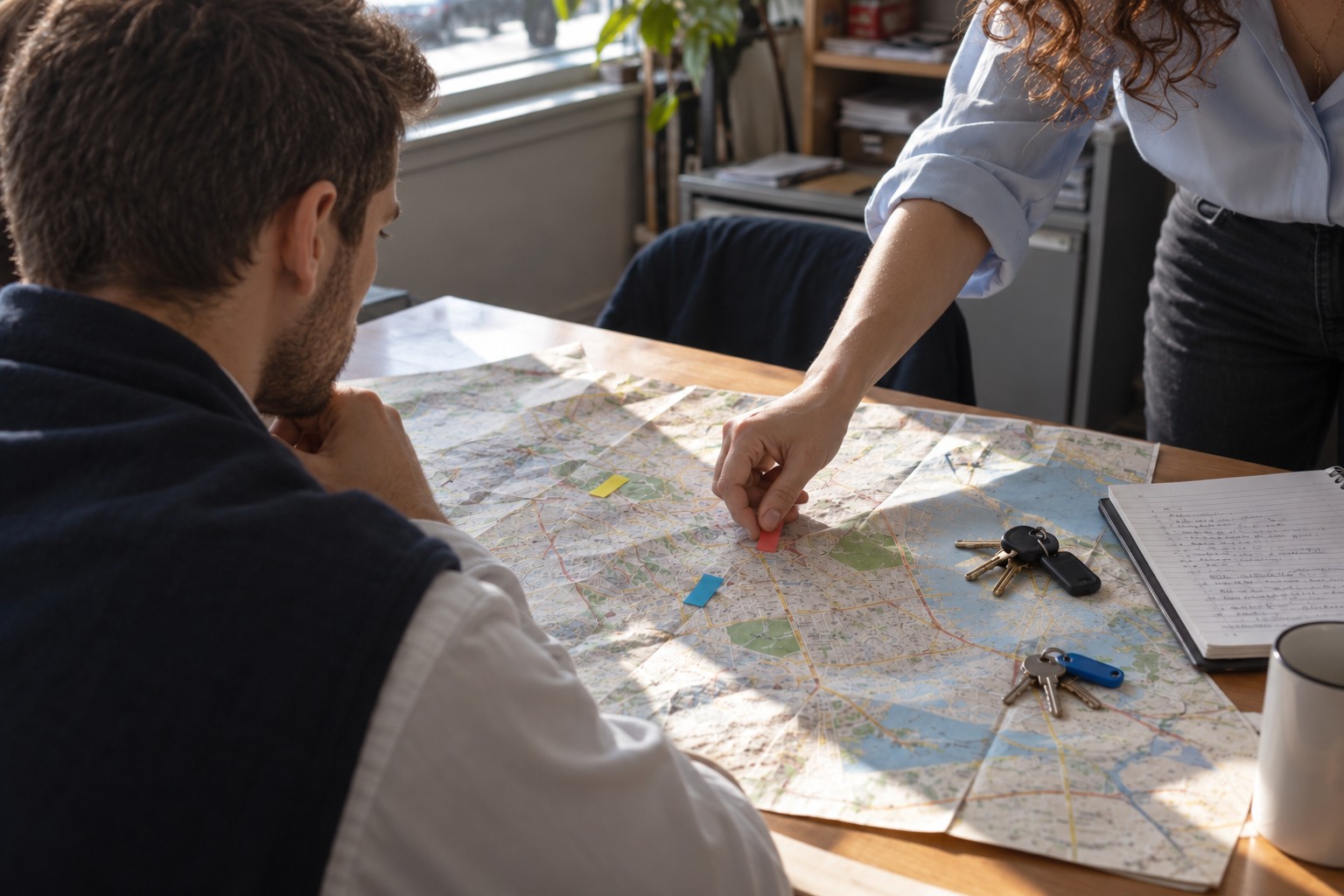Two colleagues marking business locations on a paper map at a table.