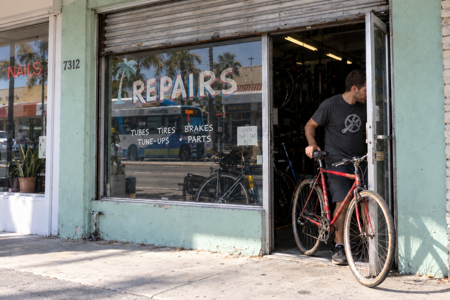 Bicycle shop owner moving a bike through the doorway of a neighborhood repair shop.