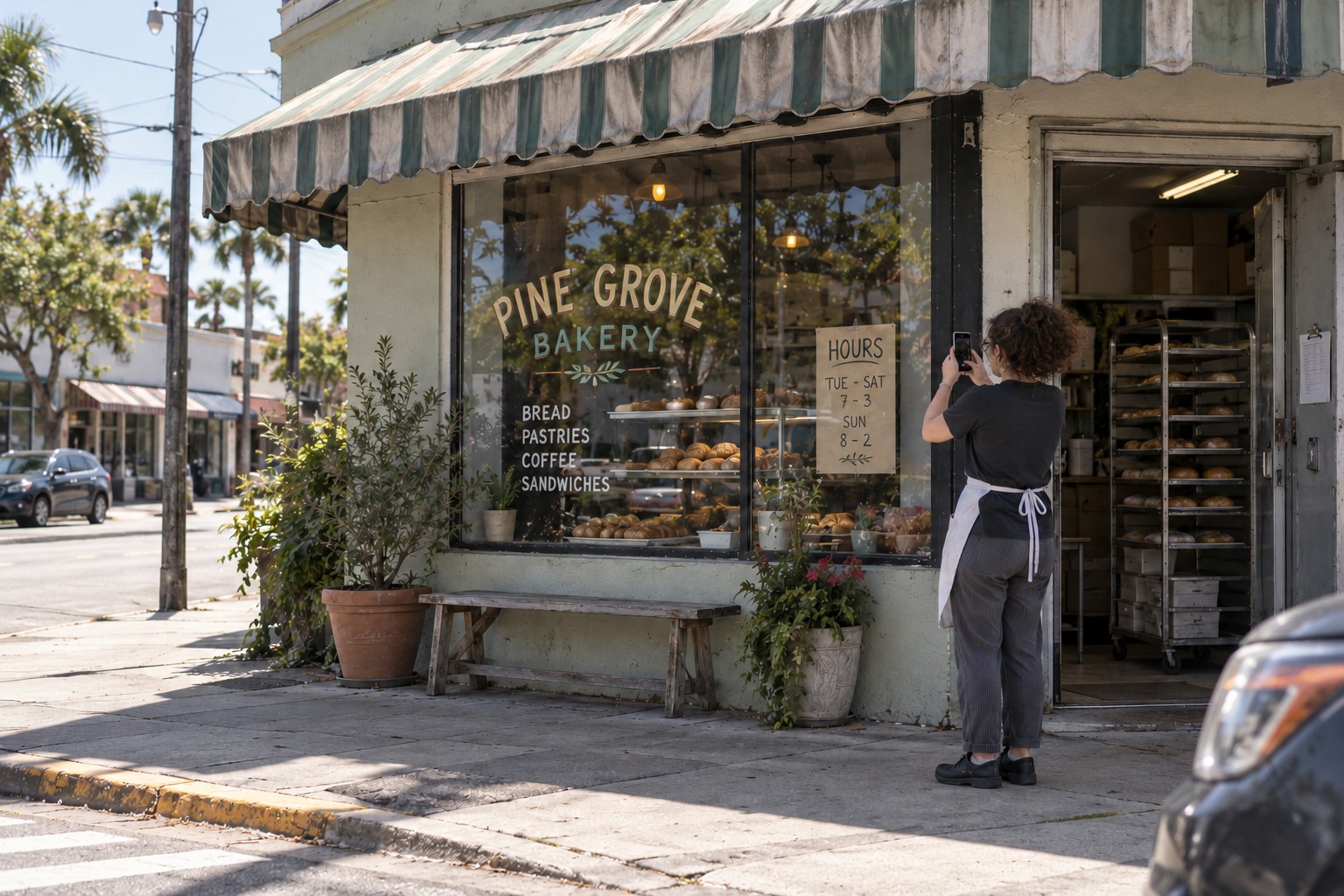 Bakery worker photographing posted opening hours outside the shop.
