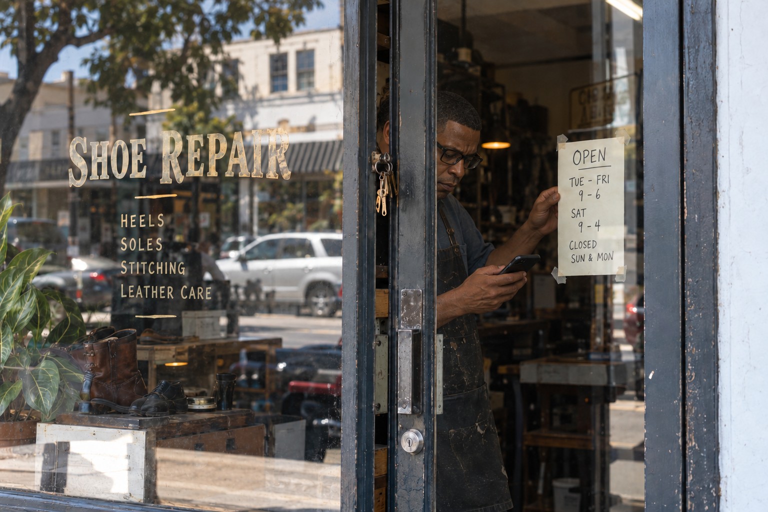 Shoe repair shop owner checking his phone beside posted opening hours.
