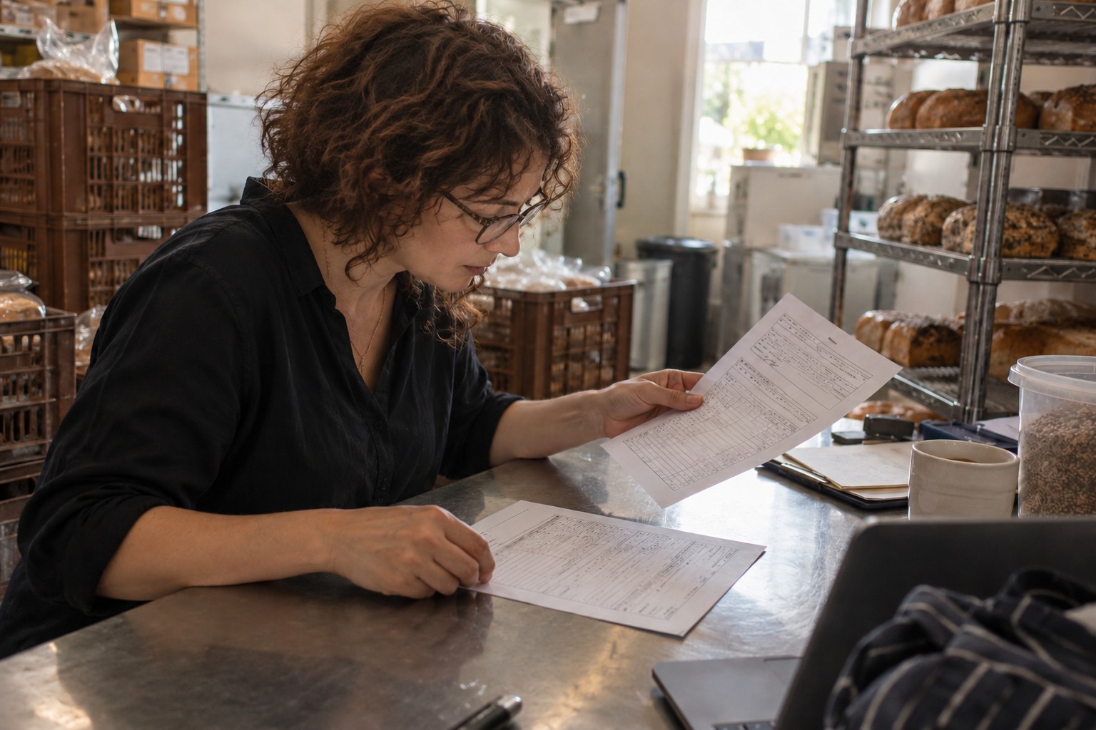 Bakery manager comparing printed reports at a work counter.