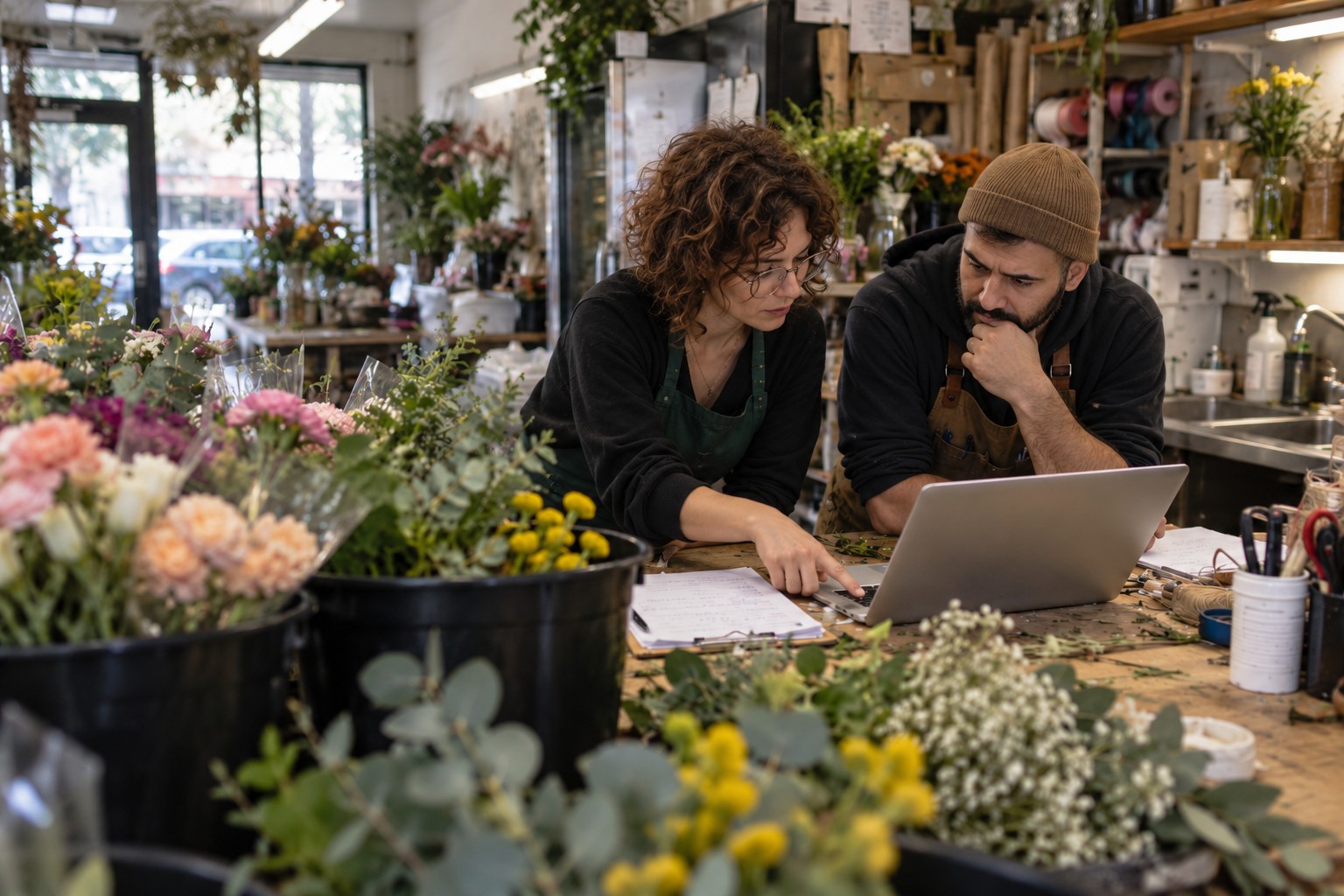 Two florists reviewing a laptop at a flower-covered workbench.